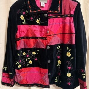 Coldwater Creek Black & Pink Embroidered Patchwork Velvet Blazer